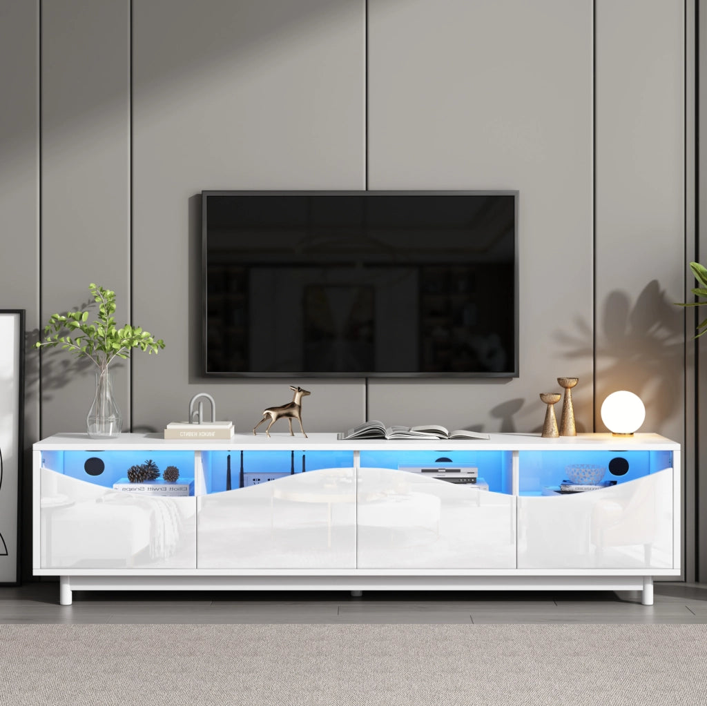Mobile TV curvo 175x38x51 cm in MDF bianco lucido con LED e vetro temperato