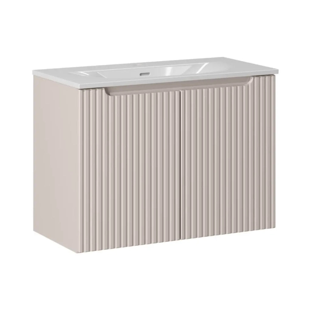 Insieme VANO cachemire e bianco 80cm: mobile sotto lavabo con armadietti a scanalature verticali + lavabo incassato bianco