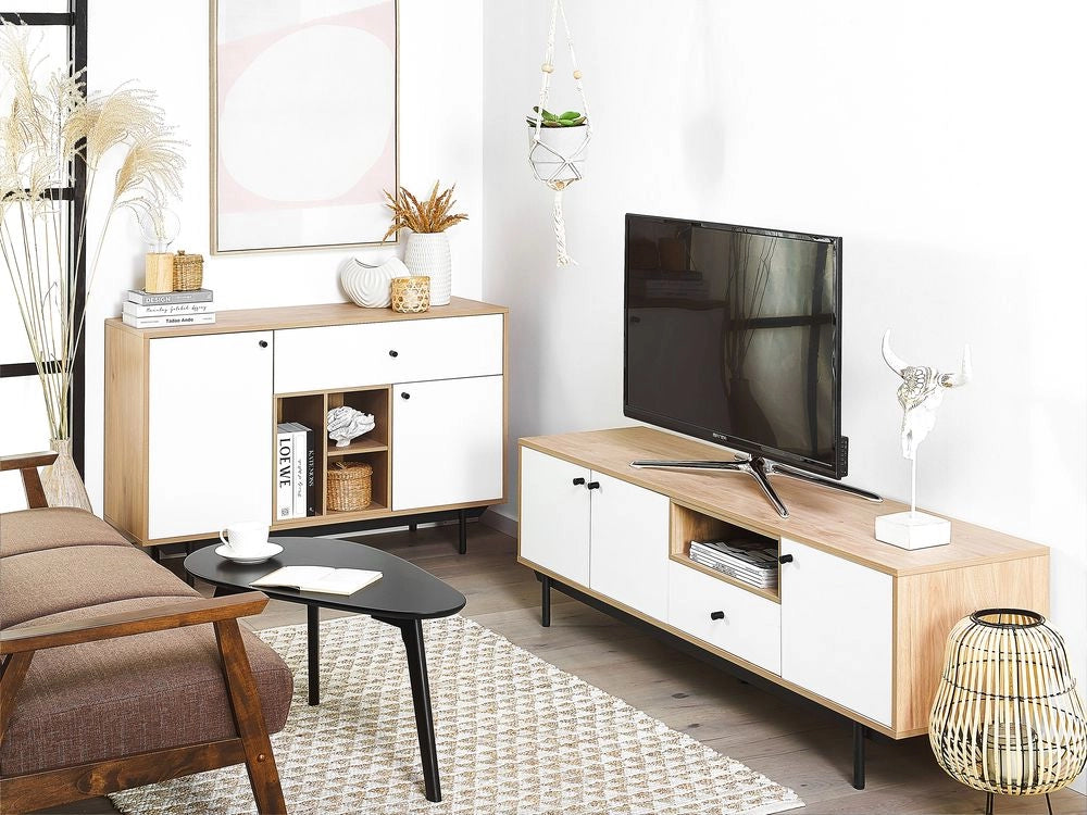 Mobile TV in legno chiaro con bianco per TV fino a 75ʺ in legno pregiato con cassetti e ripiani Gestione dei cavi