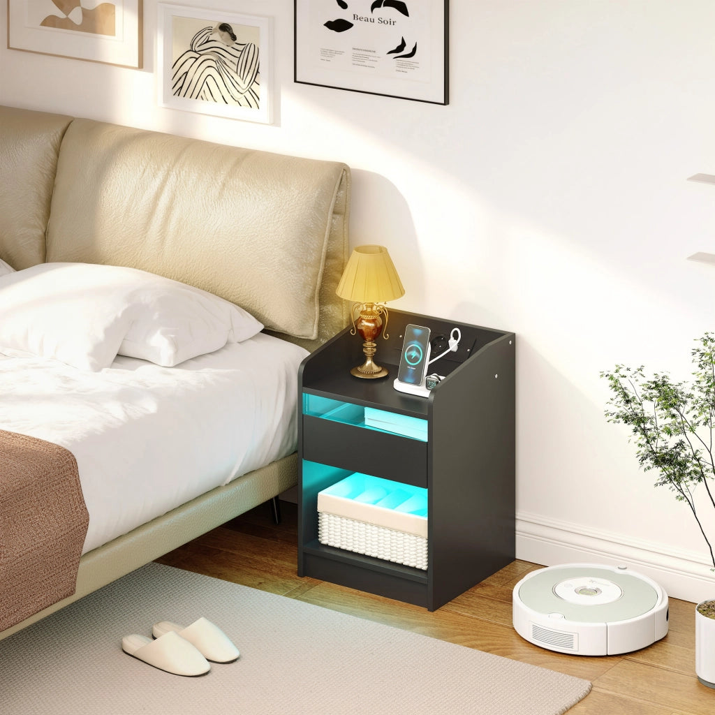 Comodino con Luci LED RGB e Cassetto ¨C Zephmum ¨C 40x40x58 Cm Nero