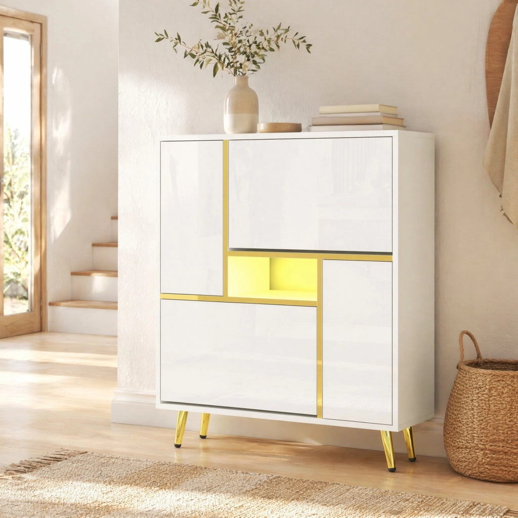 Scarpiera moderna bianca 80x25x96 cm con ante lucide; ripiani regolabili e LED multicolore