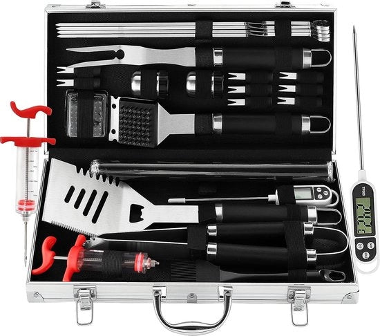 Accessori da barbecue completo da 25 pezzi in valigetta di stoccaggio in alluminio - attrezzi in acciaio inox per grigliare