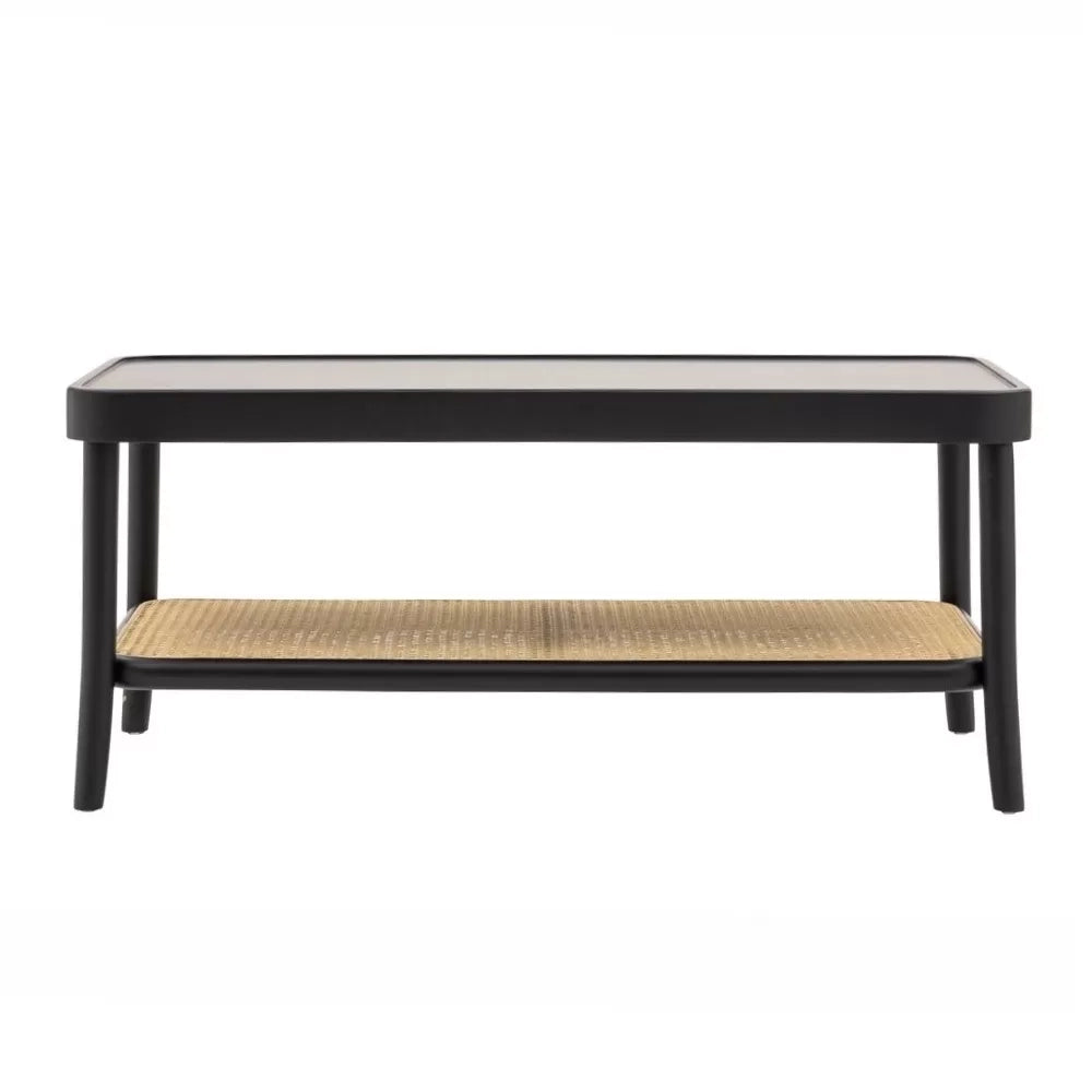 Tavolino contemporaneo legno paglia nero shabby 100x50x43 - Mobili 2G