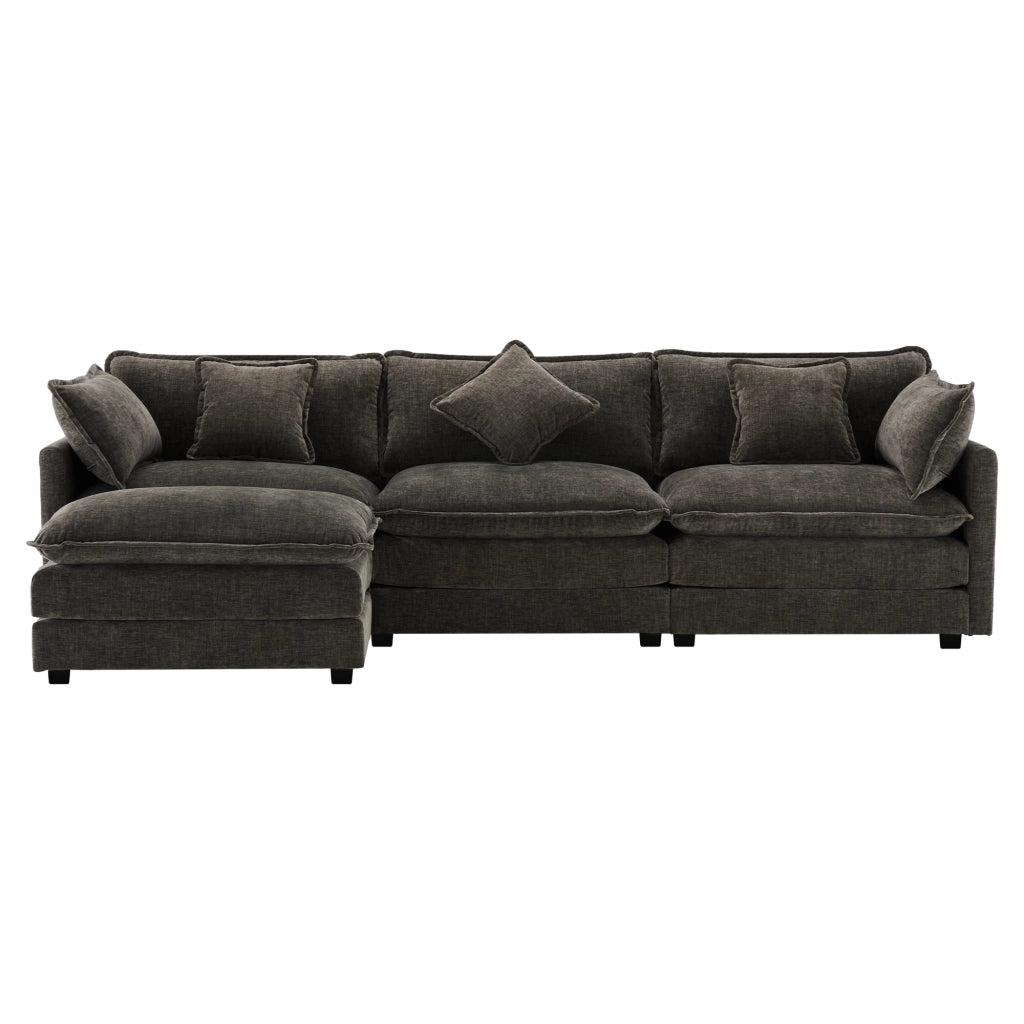 Divano angolare 3 posti con pouf mobile e cuscini lombari in chenille grigio scuro