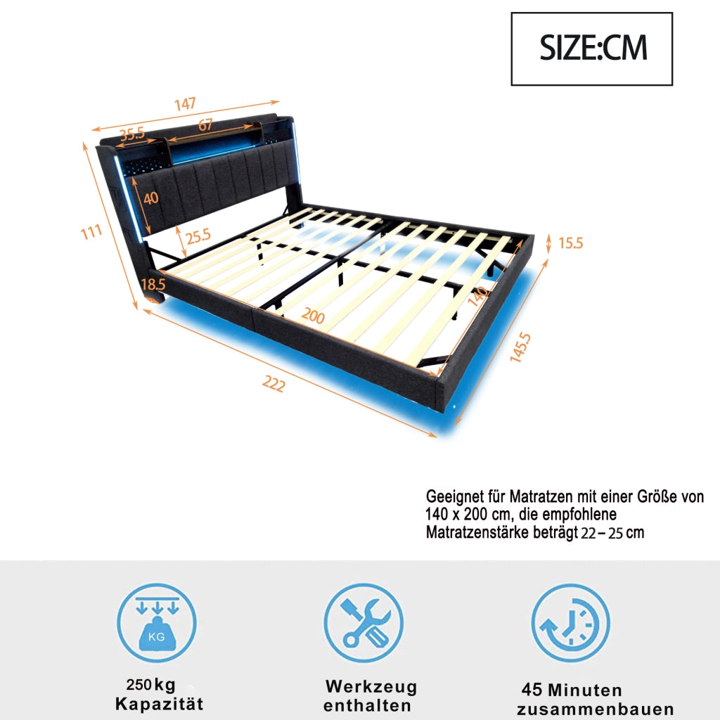 Letto imbottito 140x200 cm con USB e LED; lino; grigio (Senza materasso)