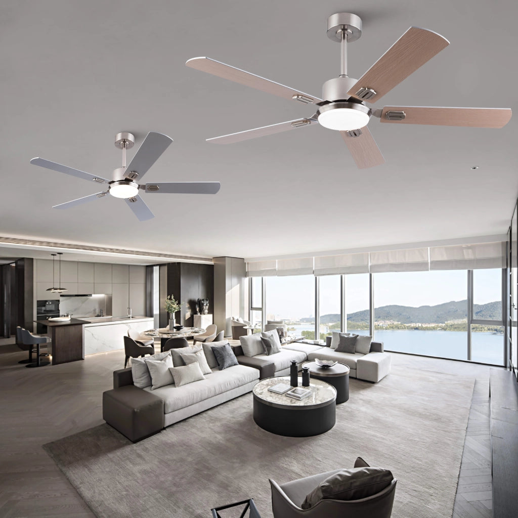 Ventilatore da soffitto con luce e telecomando in metallo e legno nickel dimmerabile con 6 velocità