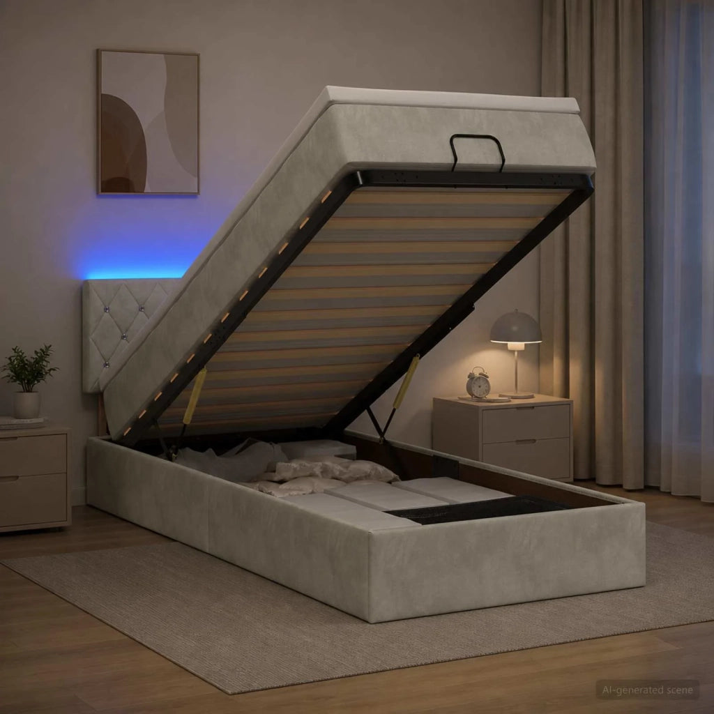 Letto Ottomano con Materasso e LED Grigio Chiaro 90 x 190 cm 3457035