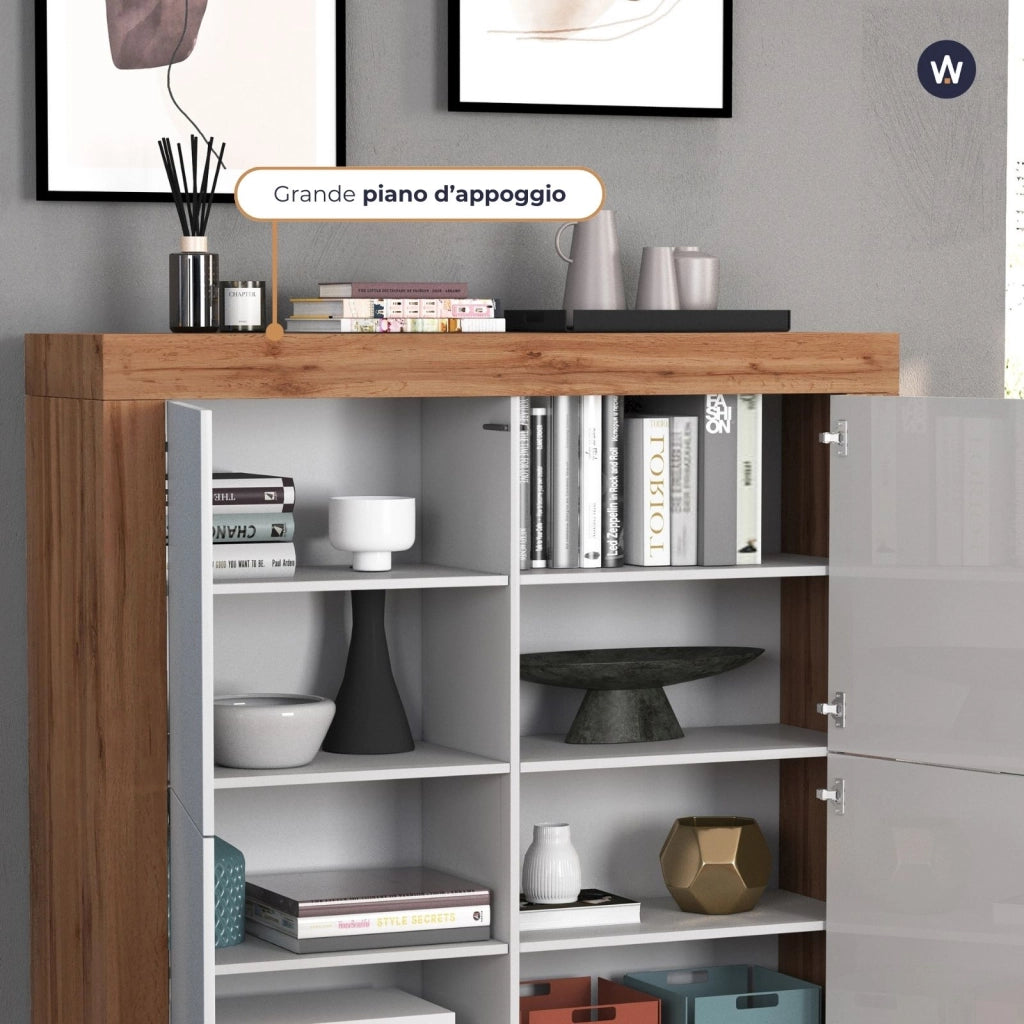 WHOUS Madia Chronos a 4 ante bianco lucido e rovere 140x40x130 cm