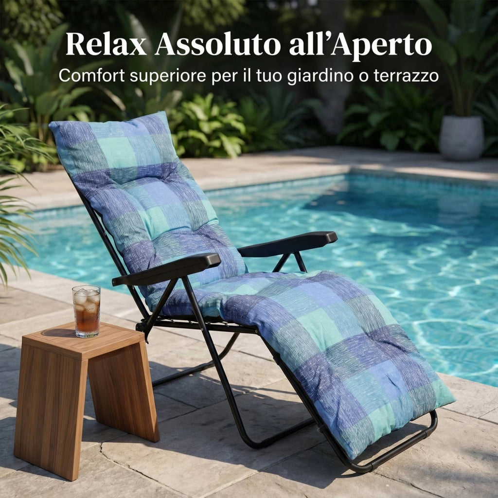 Marvin Sdraio da Giardino con Poggiapiedi Reclinabile Regolabile in 6 Posizioni Flock Poltrona con Cuscino  BLU A QUADRI
