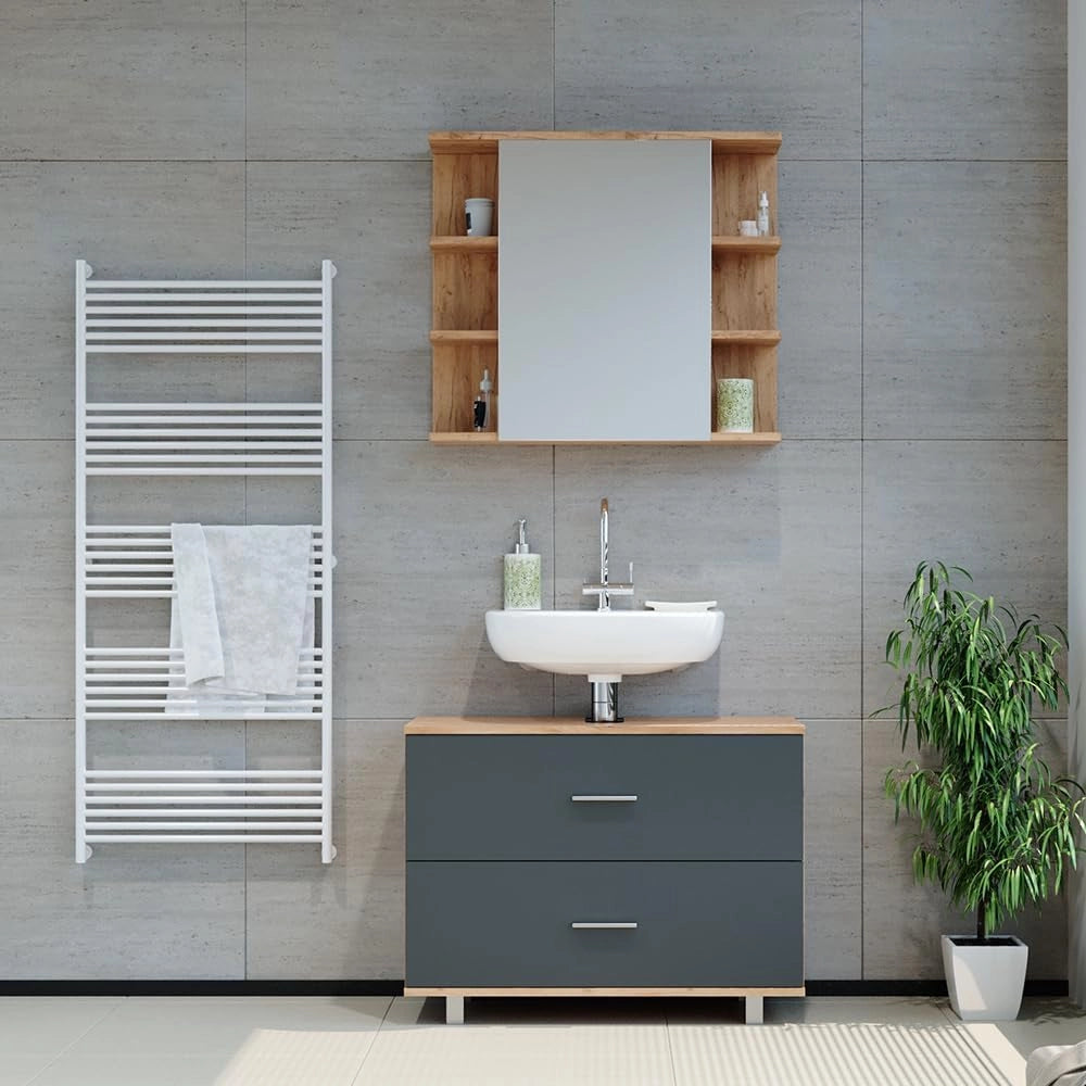 Set mobili bagno Ilias, Antracite/quercia dorata, 80.2 cm, composto da specchio da bagno e mobile sottolavabo