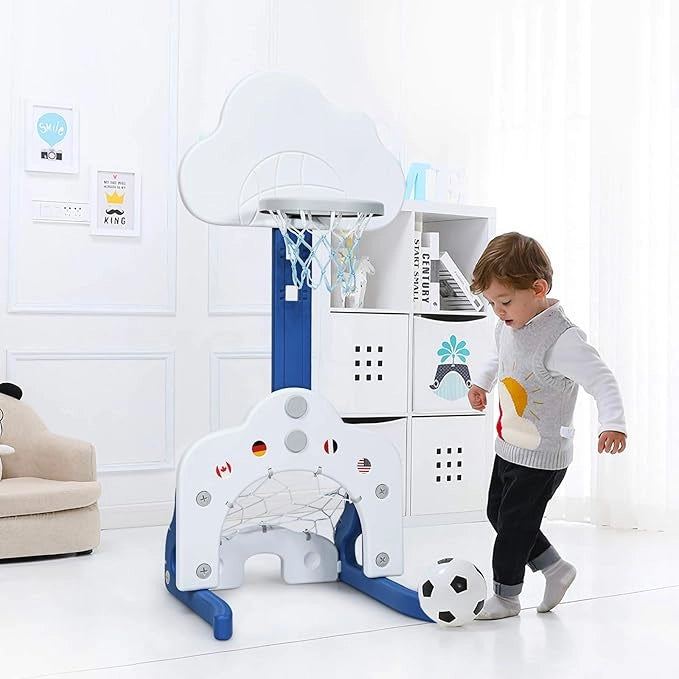 Basket per Bambini Centro attività Multifunzione - Palla Canestro, Calcio e Golf, Mazza da Golf e Palle incluese, per Bambini, Altezza Regolabile (Nuvola Bianca)