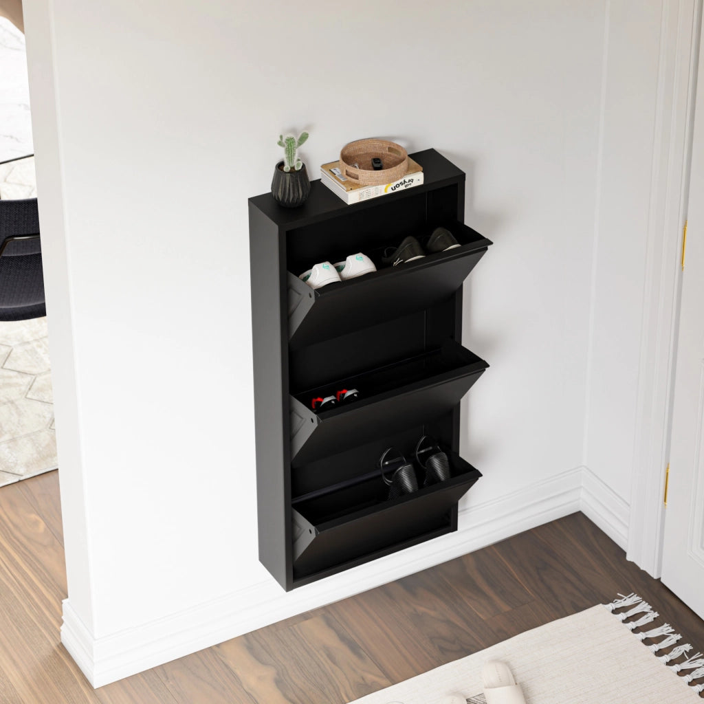 Scarpiera Sokndal con 3 Contenitori Ribaltabili Portascarpe in Metallo - Nero [en.casa]