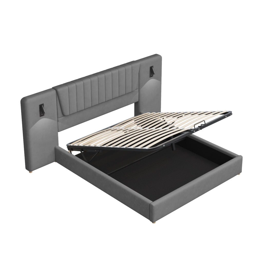 Letto Contenitore Imbottito Matrimoniale ¨C MINIMAL ¨C Velluto Grigio 180x200 con LED e USB Idraulico