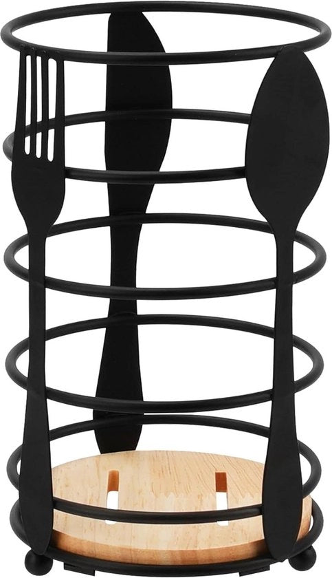 Supporto per stoviglie in acciaio inossidabile con base in legno - aiuto per la cucina per la conservazione degli oggetti di cucina - gru di sostegno per stoviglie in nero