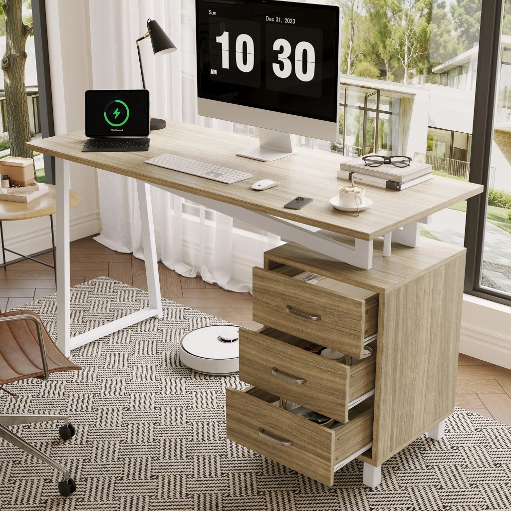 Scrivania lineare con 3 cassetti e ampio piano in MDF con struttura in acciaio bianco per studio naturale 130 × 55 × 75 cm