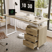 Scrivania lineare con 3 cassetti e ampio piano in MDF con struttura in acciaio bianco per studio naturale 130 × 55 × 75 cm