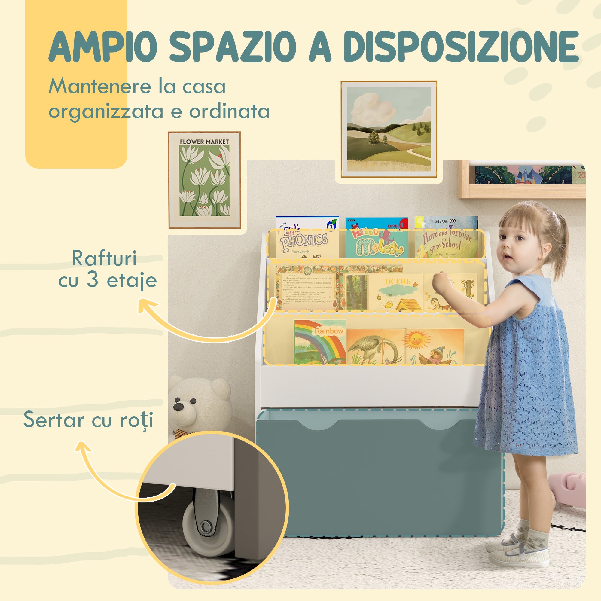 Libreria per Bambini 3-8 Anni 62.5x30x70 cm a 3 Ripiani con Cassetto Inferiore in MDF Grigio
