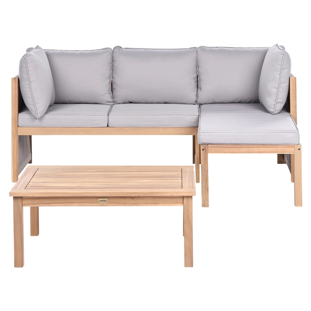 Set divano angolare da giardino grigio in legno di acacia con rivestimento in tessuto,cuscini sfoderabili resistenti ai raggi UV e all'acqua
