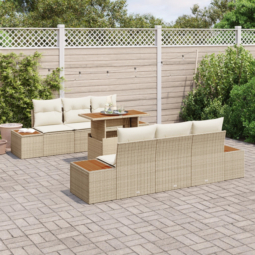 Set da Pranzo da Giardino 7 Pezzi con Cuscini Beige in Rattan Sintetico e Acacia