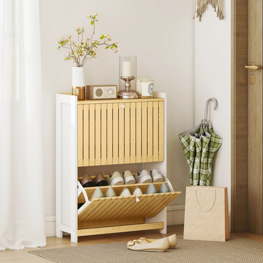 Scarpiera Slim con 2 Ante in Bamb¨´ ¨C Xylo ¨C Bianco e Naturale, 12 Paia