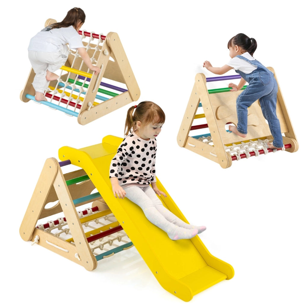 Arrampicata in legno per bambini 4-in-1 con scivolo, Arrampicata a triangolo per interni con rete Colorato-Arrampicate e scivoli