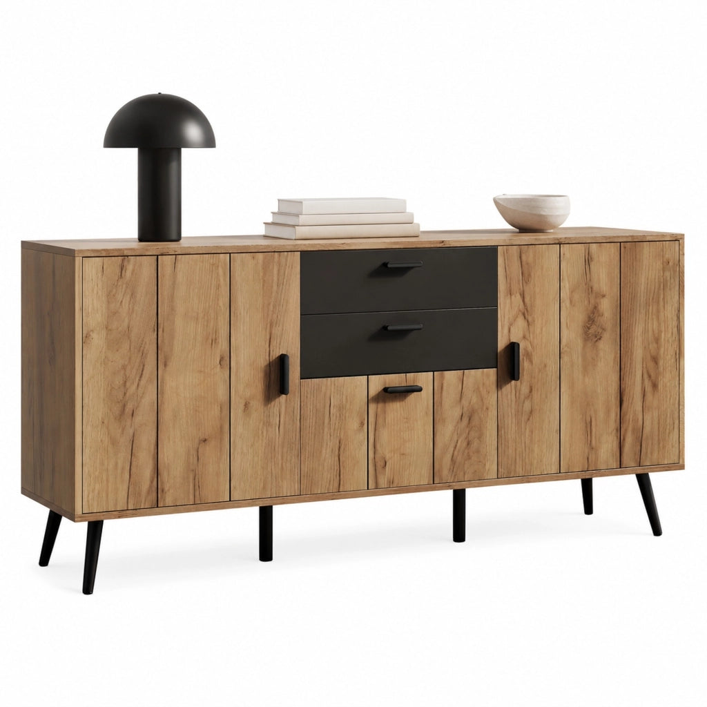 Mobile contenitore in MDF nero e legno con 2 cassetti e 3 ante, 140x35x67 cm