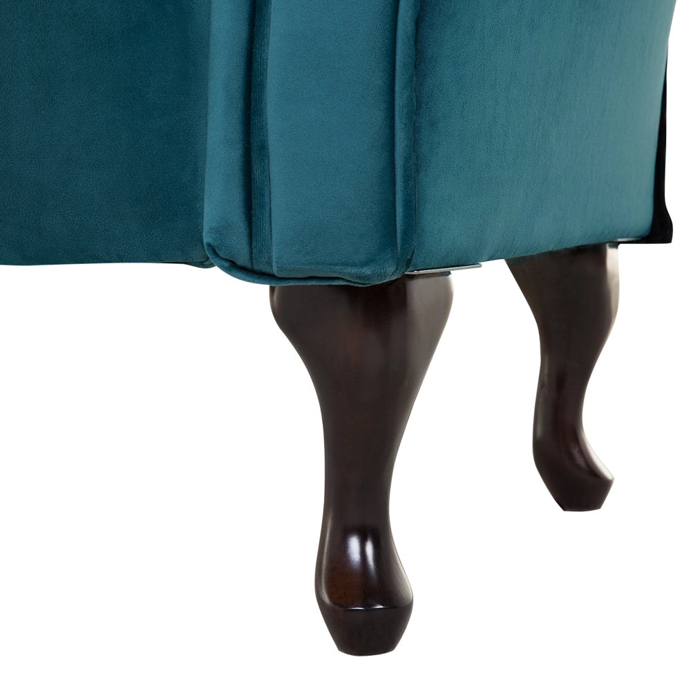 Chaise longue velluto verde acqua bottone trapuntato tappezzeria braccio arrotolato versione destra con cuscino