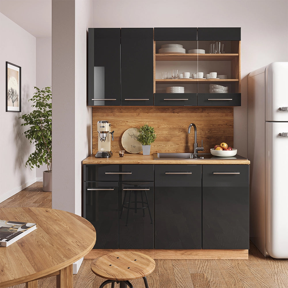 Vicco Cucina completa Antracite lucido/oro power oak 140 cm senza piano di lavoro
