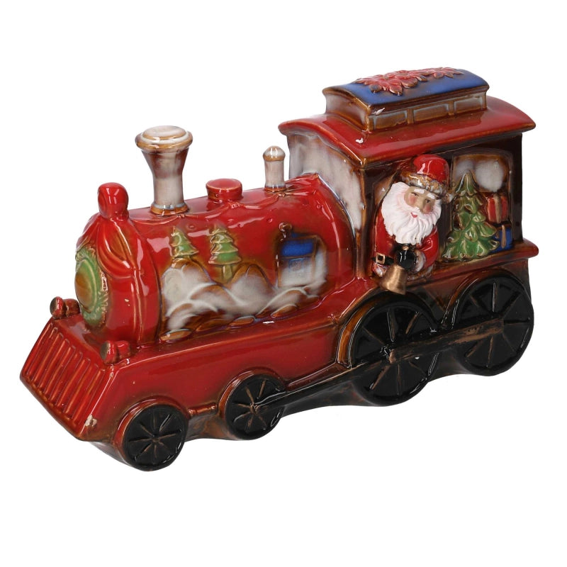 Babbo natale ceramica su trenino rosso cm 35x14h22