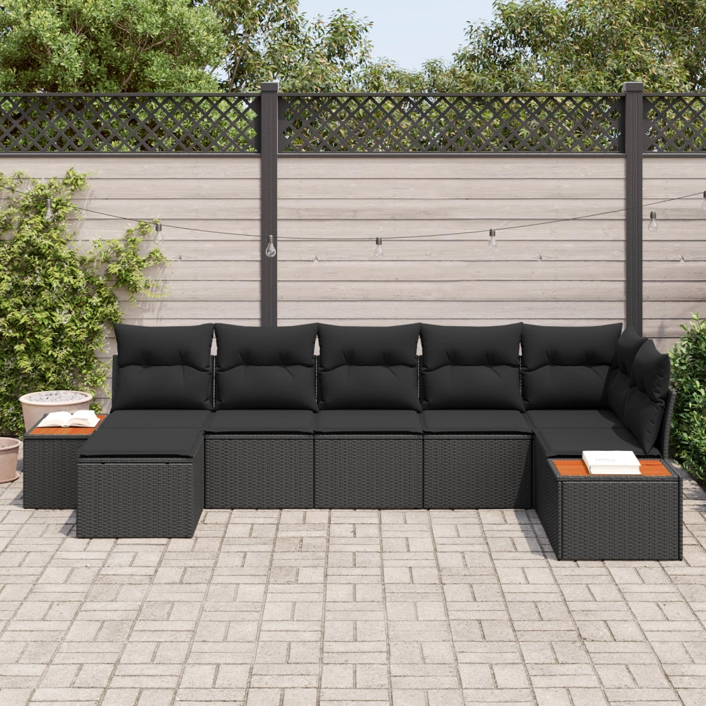 Set di Divano da Giardino 7 Pezzi con Cuscini Nero Polyrattan Acacia