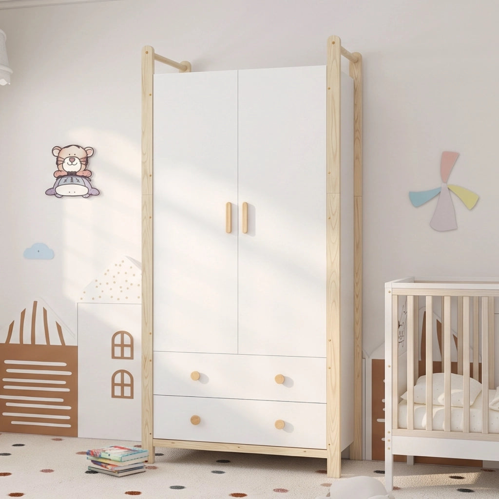 Armadio Guardaroba Bianco e Legno 90×45×180 cm con 2 Ante; Barra Appendiabiti e 2 Cassetti