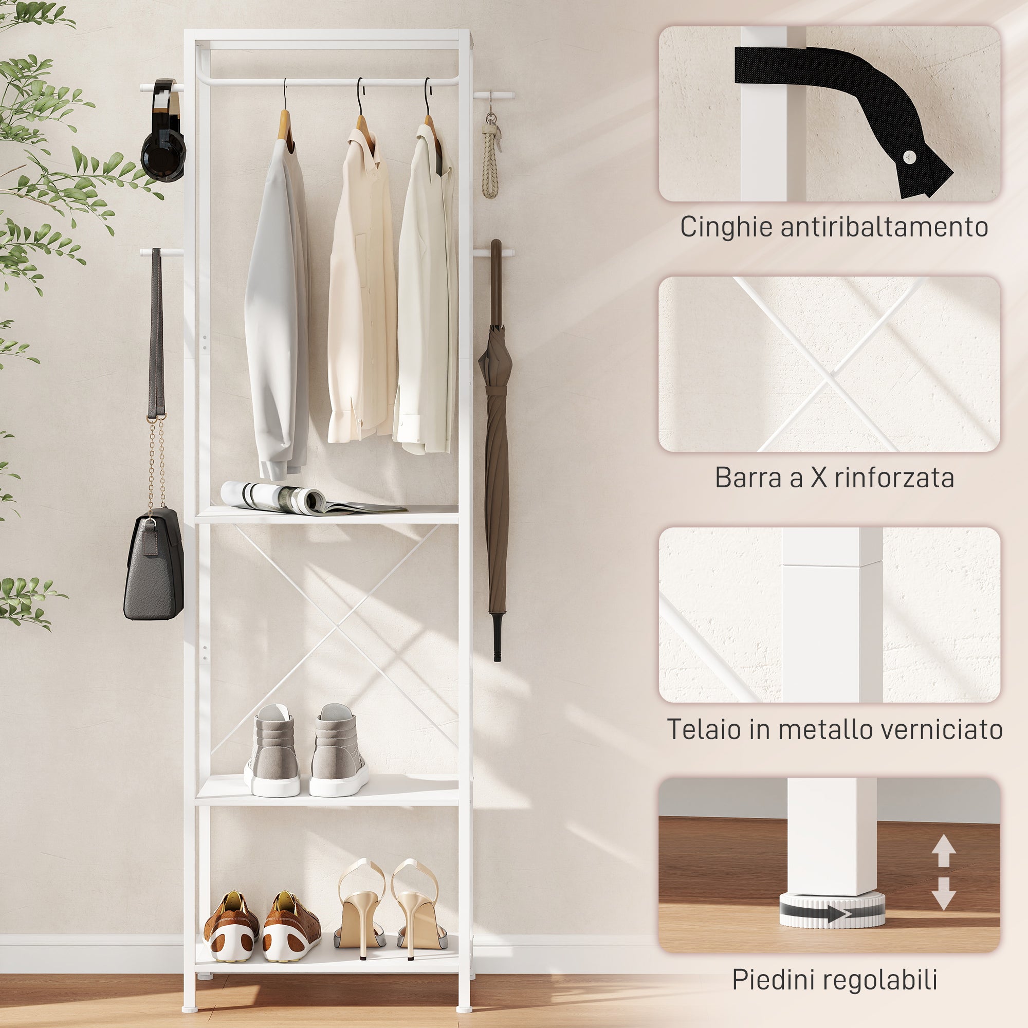 Mobile Ingresso Appendiabiti con Mensola e Scarpiera 52x30x180 cm in Metallo Bianco