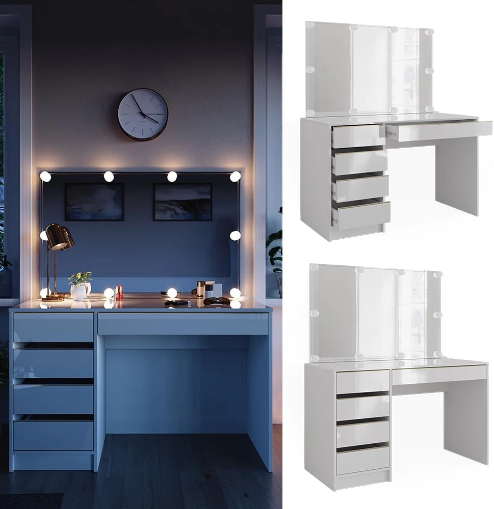 Tavolo da toilette Sherry, Bianco/Oro, 120 cm con illuminazione a LED, con illuminazione LED e grande specchio rettangolare
