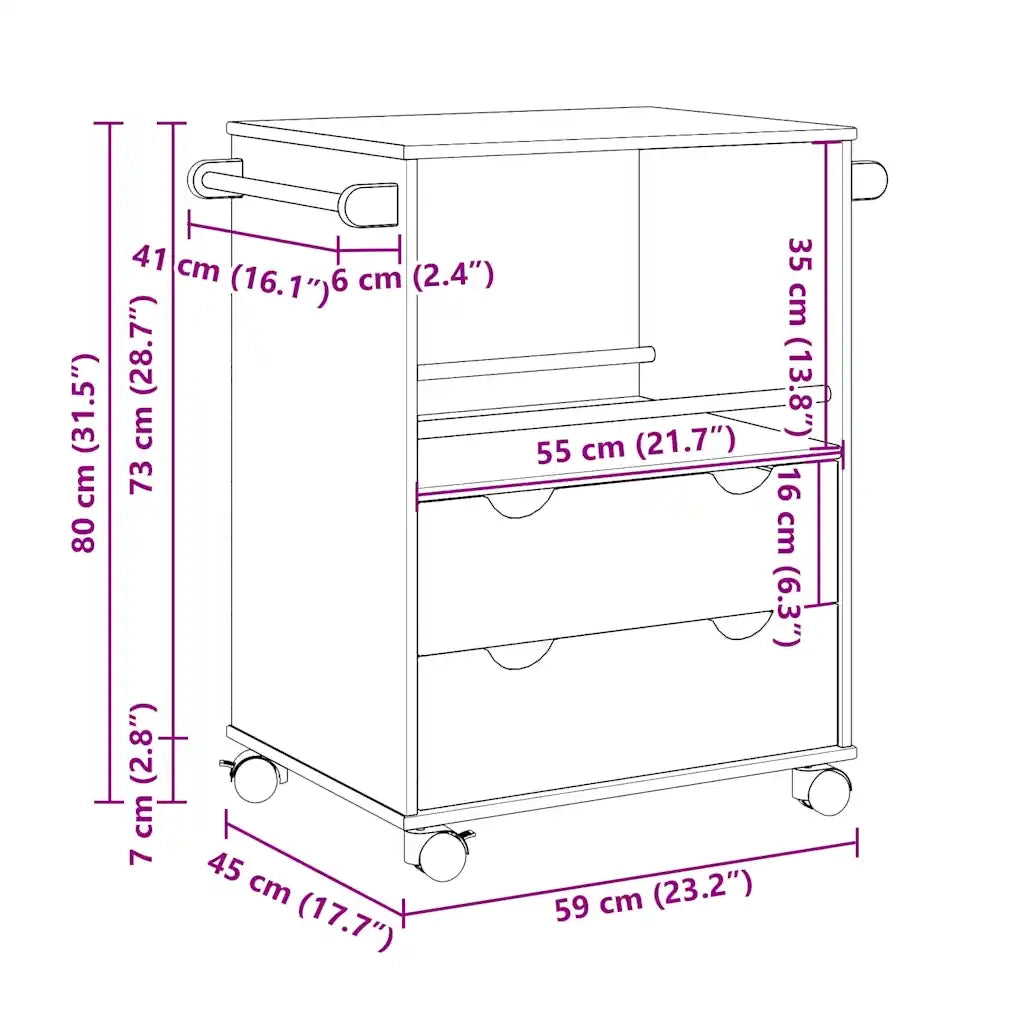 Carrello da Cucina OTTA 59x45x80 cm in Legno Massello di Pino 4013465