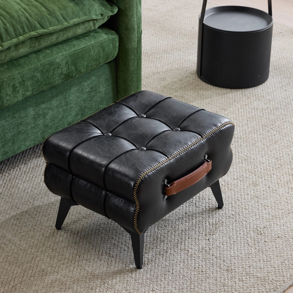 Pouf poggiapiedi portatile in PU nero con maniglia marrone e gambe in acciaio