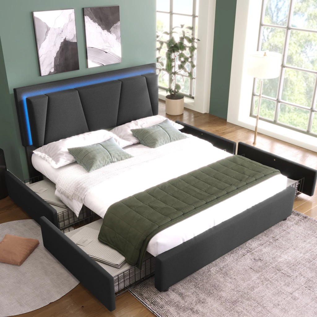 Letto matrimoniale imbottito ULEVR 160x200 cm con LED, 4 cassetti e testiera regolabile, grigio
