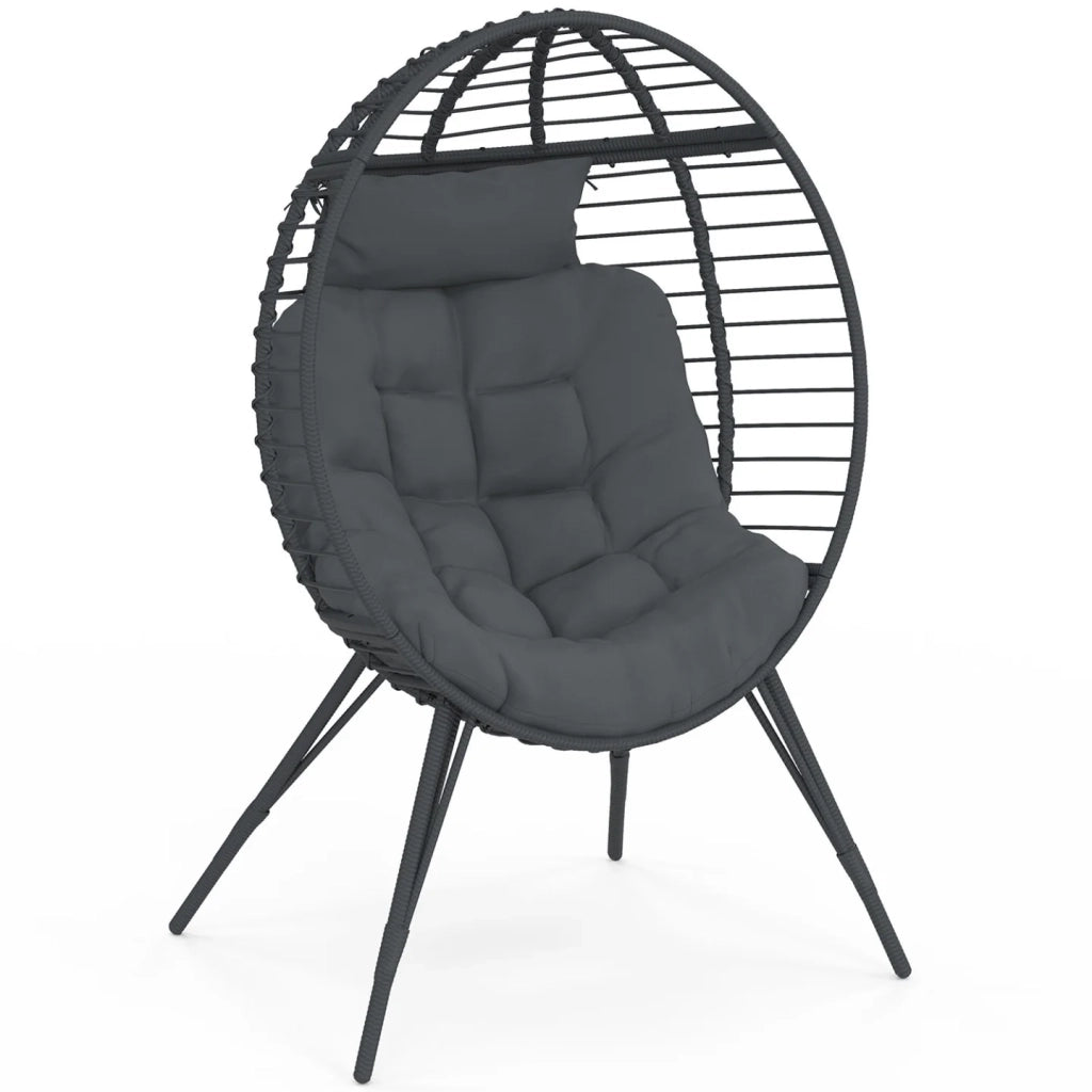 IDMarket - Poltrona Egg con base traforata effetto rattan grigio e cuscino grigio