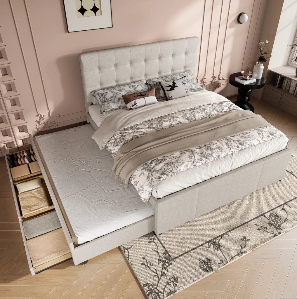 Letto imbottito beige 140x200 cm con letto estraibile e 3 cassetti