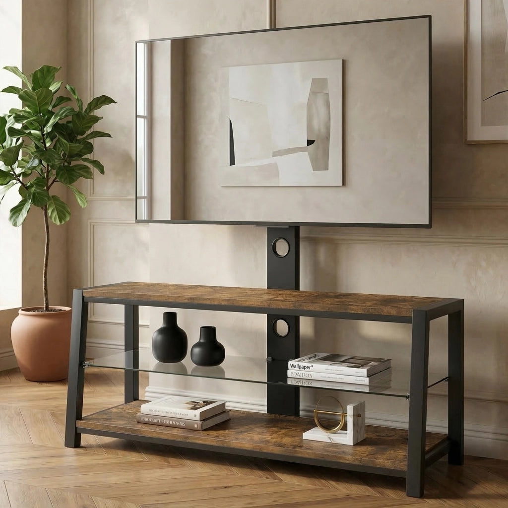 Mobile TV con 3 ripiani; supporto orientabile e passacavi - per soggiorno - in MDF e metallo - 116×42×125 cm - marrone