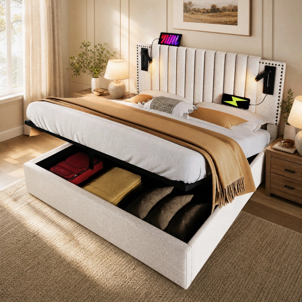 Letto matrimoniale imbottito 140x200 con contenitore, luci da lettura, USB e testiera regolabile beige