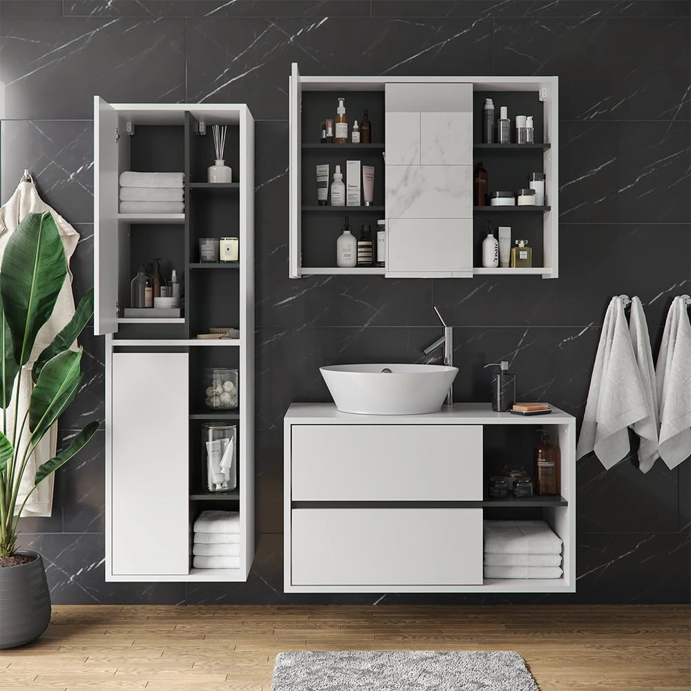 Mobile sottolavabo per bagno Viola, Bianco, 100 x 60 cm, con intaglio per sifone e ripiani aperti per montaggio a parete