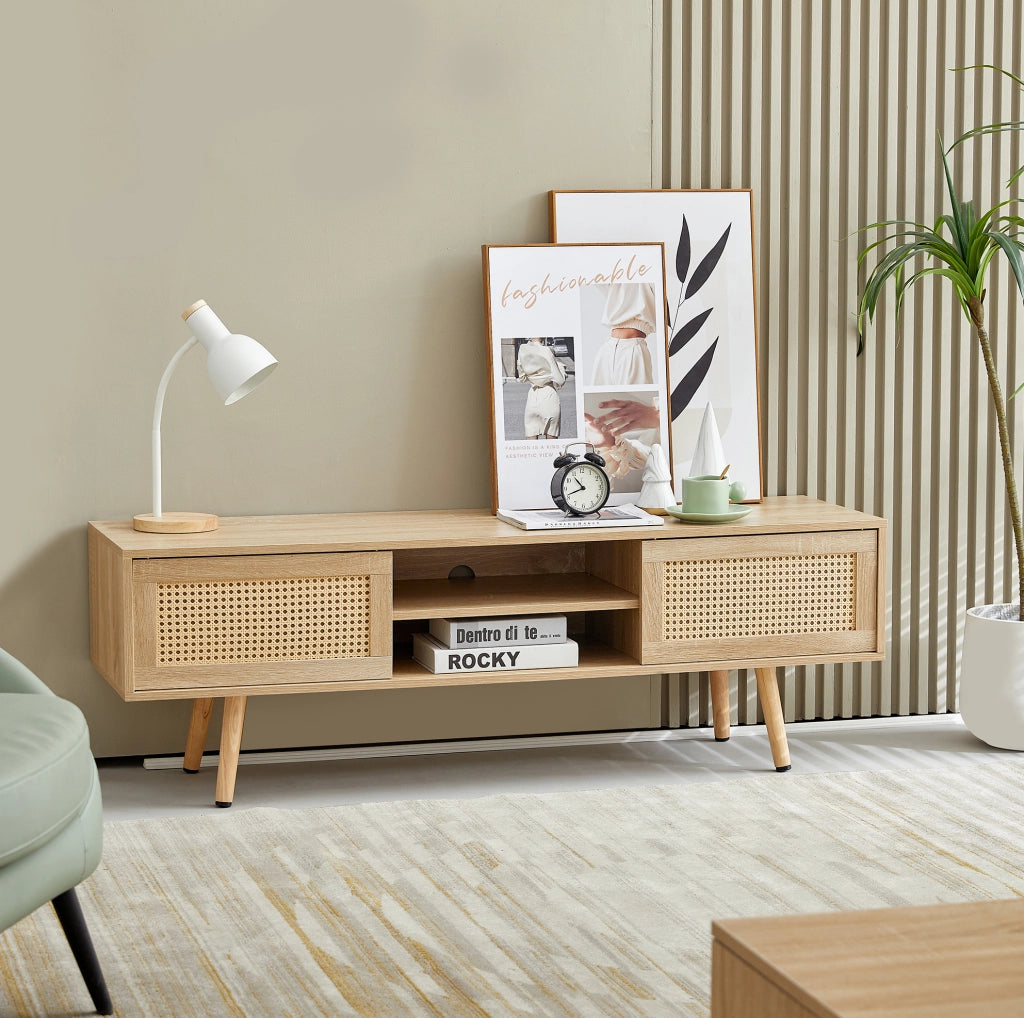 Mobile TV 1400x40x45 cm con ante scorrevoli e ripiani regolabili in MDF naturale