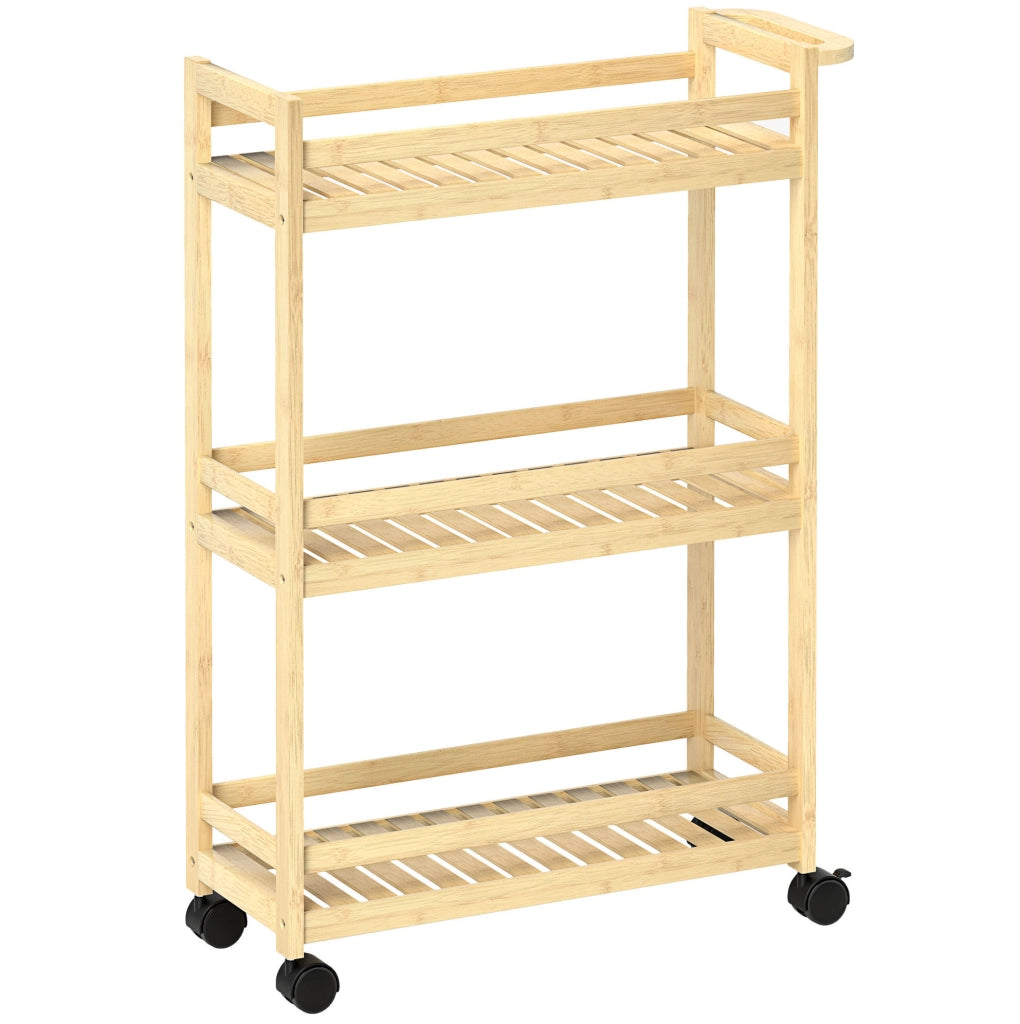 Carrello multiuso 55x20x75 cm a 3 ripiani con manico e ruote in bambù naturale