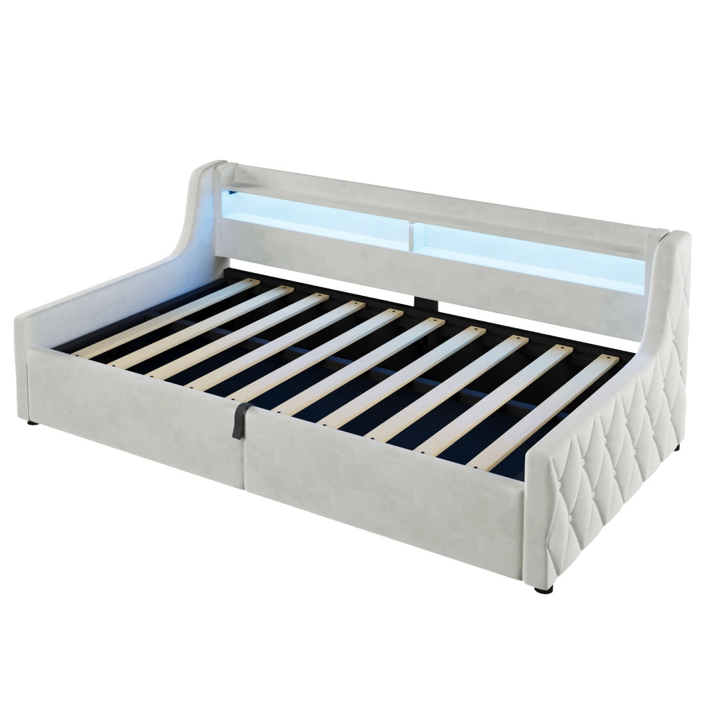 Letto Contenitore Singolo 90x200 cm; LED e Contenitore - in Flanella - Off White