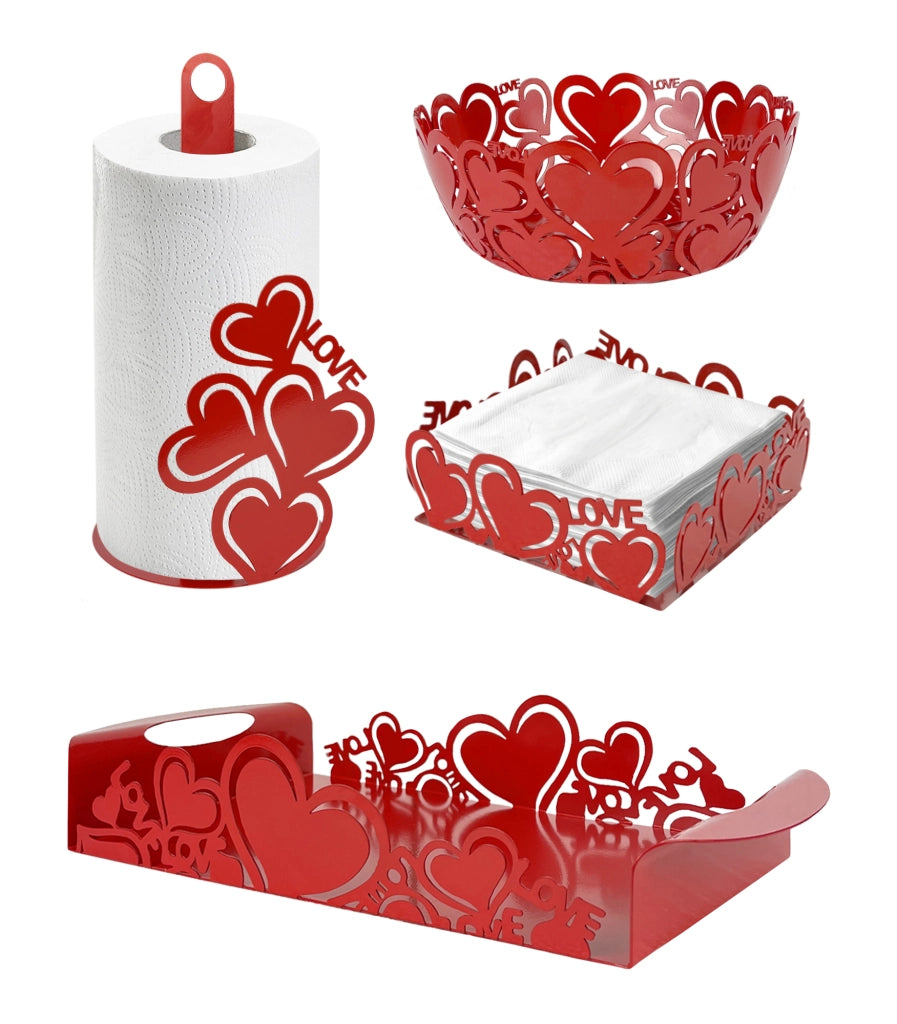 Set Accessori Cucina 2/4 Pezzi Porta Scottex Portatovaglioli Vassoio Grande Da Portata Portafrutta Centrotavola Metallo Design Moderno Decorazioni Tavola  - Cuori Rossi - 4 Pezzi