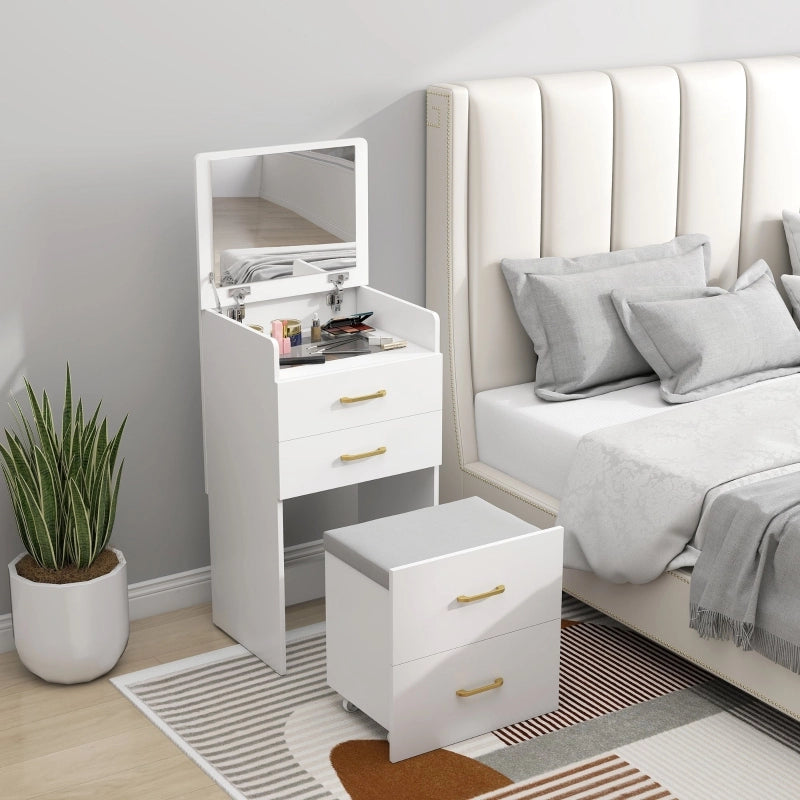 Tavolo da toeletta 3-in-1 con specchio; comodino; sgabello con ruote e cassetti; Bianco