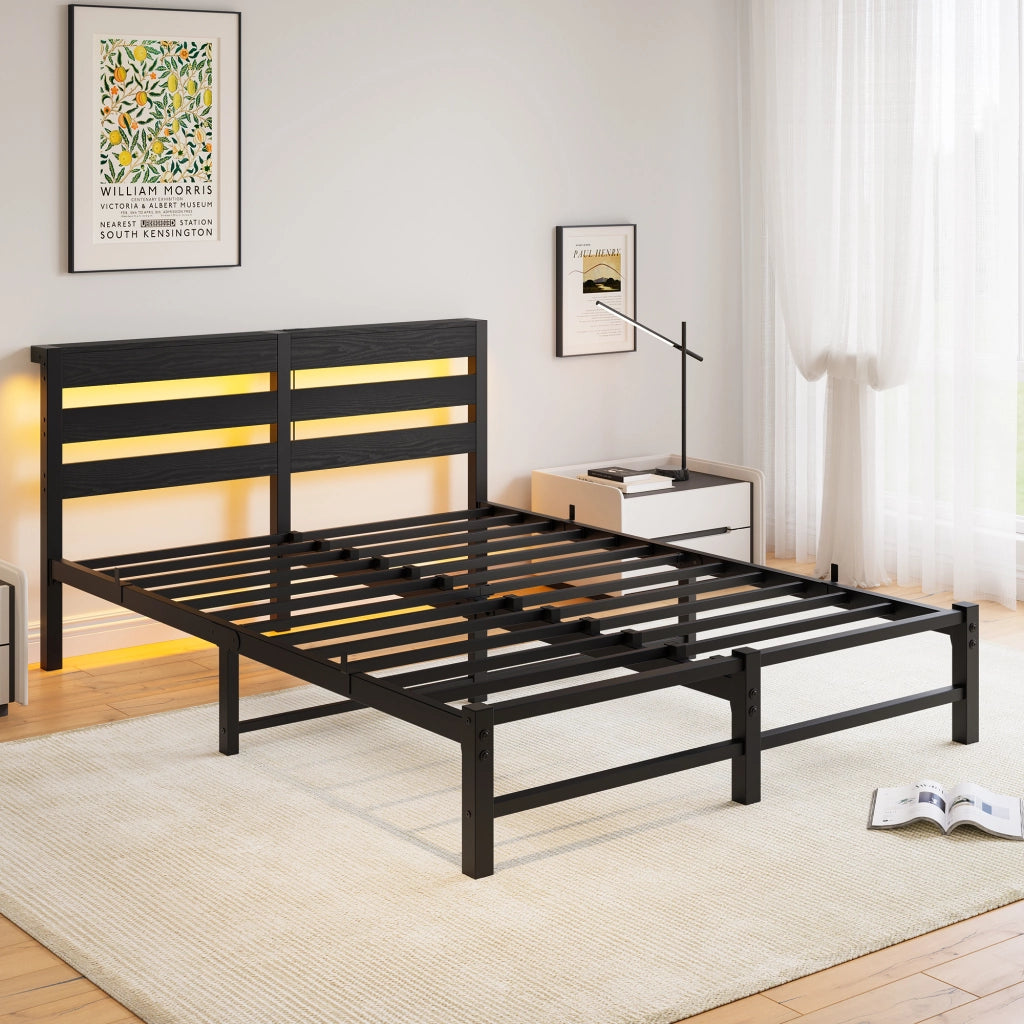 Letto per adulti 140 × 200 cm con LED RGB, 2 porte USB, contenitore sotto il letto, senza materasso, nero