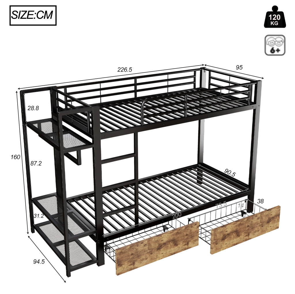 Letto a castello ULEVR 90x200 cm con LED controllabile tramite app, 2 cassetti e ripiani, nero