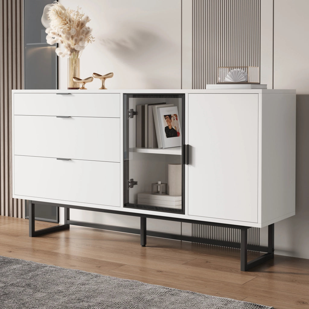 Credenza con Vetrina e LED ¨C Xylo ¨C Bianco, Cassetti, Ante in Vetro