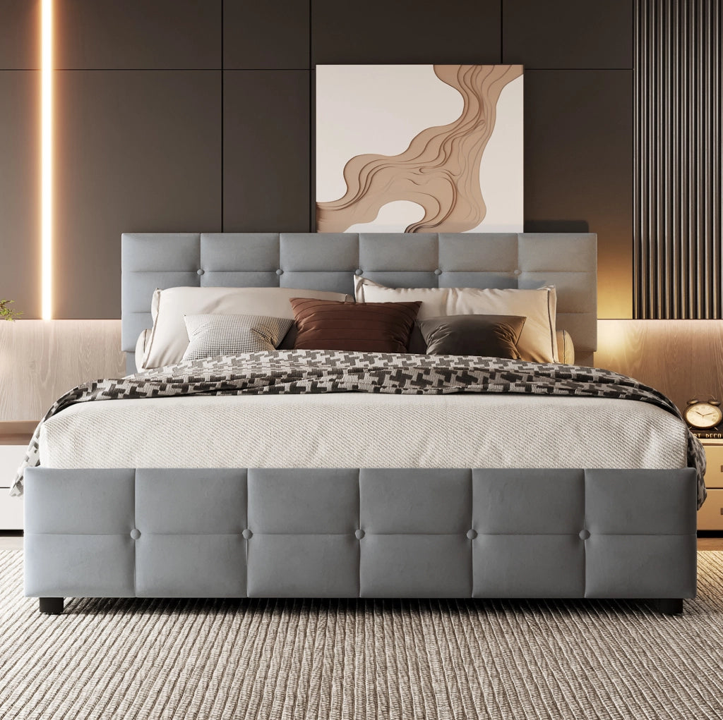 Letto imbottito modulare 180x200 cm con rete a doghe e sollevamento idraulico; velluto grigio